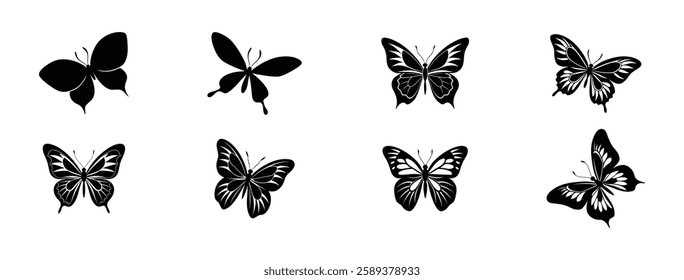 Beautiful Black and White Butterfly Silhouettes Isolated on White