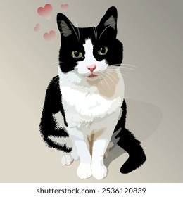 Beautiful black and white cat sits. Vector illustration. Domestic pet cat.