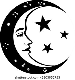 A beautiful black and white circular astrological graphic featuring a sleeping man-in-the-moon profile face embedded inside a crescent silhouette. Adorned with tiny cutout patterns on the dark crest and floating classic five-point stars in the negative space, this bohemian woodcut-style design is perfect for tarot card layouts, esoteric stickers, cosmic apparel prints, and witchy bedroom wall decor.
