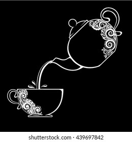 Beautiful black and white contour of the Cup and teapot. floral element isolated. Floral design greeting card and invitation of wedding, birthday, Valentine's Day, mother's day and seasonal holiday