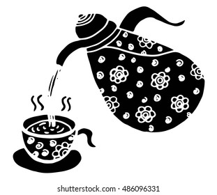 Beautiful black and white contour of the Cup and teapot