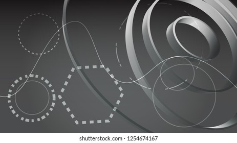 Beautiful black and white digital brilliant bright scientific modern endless abstract volumetric circular texture of stripes and lines from the future. The background. Vector illustration.