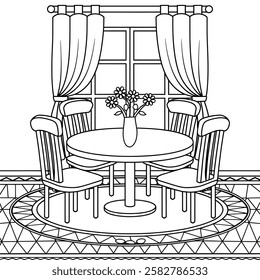 Beautiful black and white dining table, coloring page