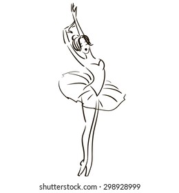 Beautiful black and white drawing of a ballerina on a white background, sketch, vector.
