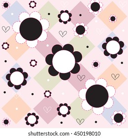 beautiful black and white flowers with dots and hearts and checked background vector illustration
