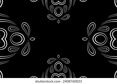 Hermosas flores de gradiente de marco blanco y negro línea patrón de arte de la cultura indonesia tradicional tenun batik étnico adorno de dayak 