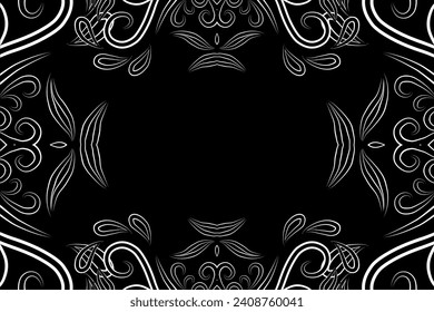 Beautiful black and white frame gradient flowers line art pattern of indonesian culture traditional tenun batik ethnic dayak ornament 