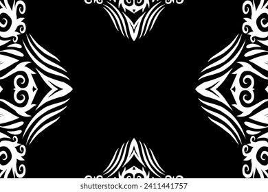 Beautiful black and white frame gradient flowers line art pattern of indonesian culture traditional tenun batik ethnic dayak ornament