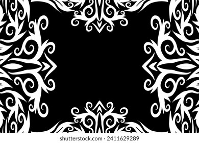Beautiful black and white frame gradient flowers line art pattern of indonesian culture traditional tenun batik ethnic dayak ornament
