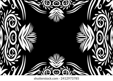 Beautiful black and white frame gradient flowers line art pattern of indonesian culture traditional tenun batik ethnic dayak ornament