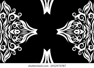 Beautiful black and white frame gradient flowers line art pattern of indonesian culture traditional tenun batik ethnic dayak ornament