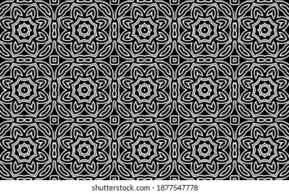 Beautiful black white geometric pattern of flowers, petals and shapes in national ethnic style for coloring.Vector graphics for design and decor, wallpaper, business cards, textiles and coloring book.