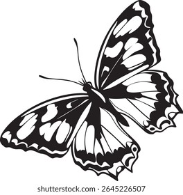 A beautiful black and white graphic of a butterfly in a high-contrast style. Its wings are spread open, showcasing the intricate and elegant patterns of its symmetrical design.