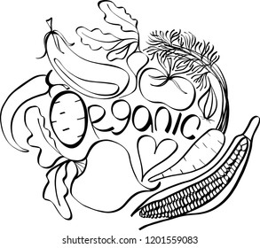 Beautiful black, white graphic Scandinavian pattern of organic vegetables: potato, tomato, beetroot, shallot, eggplant, corn, carrot vector hand illustration. Perfect for greetings card, textile, menu