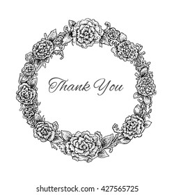 Beautiful black and white hand drawn vintage style round floral frame. "Thank you" inscription. Vector illustration for your design