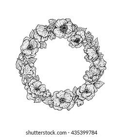 Beautiful black and white hand drawn vintage style round floral frame. Vector illustration for your design