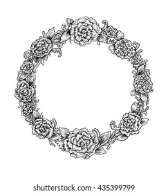 Beautiful black and white hand drawn vintage style round floral frame. Vector illustration for your design