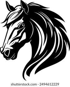 Beautiful Black And White Horse Head Silhouette, horse head vector, isolated on white background, black and white, Basic simple Minimalist, Image for logo, design and tattoo.stallion horse, running