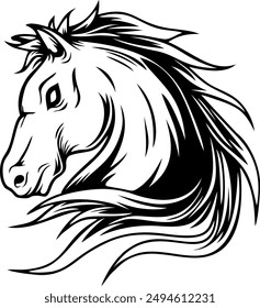 Beautiful Black And White Horse Head Silhouette, horse head vector, isolated on white background, black and white, Basic simple Minimalist, Image for logo, design and tattoo.stallion horse, running