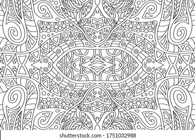 Beautiful Black And White Illustration For Adult Coloring Book Page With Rectangle Abstract Tribal Linear Pattern