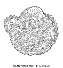 Beautiful black and white illustration for coloring book with zodiac symbol aries on white background