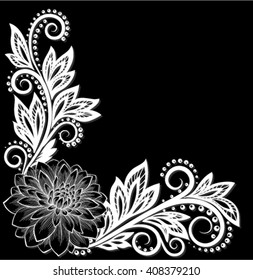 beautiful black and white lace flower in the corner. With space for your text. design greeting card and invitation of the wedding, birthday, Valentine's Day, mother's day and other seasonal holiday