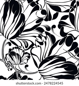 Beautiful black and white line art floral seamless pattern with hand drawn blossom flowers, leaves. Flourish monochrome modern vector background. Repeat drawn backdrop. Flowery endless ornaments.