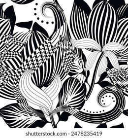 Beautiful black and white line art floral seamless pattern with hand drawn blossom striped flowers, leaves, swirls, dots. Flourish modern vector background. Repeat drawn flowery endless ornaments.