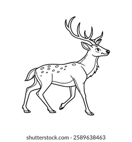 Beautiful black and white line art illustration of a majestic deer with antlers, perfect for wildlife designs, tattoos, and nature-themed artwork.