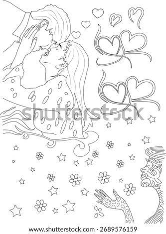 Beautiful black and white line art of a couple sharing a romantic kiss, adorned with hearts, stars, and floral elements.