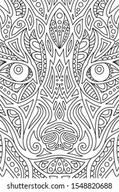 Beautiful black and white linear illustration for adut coloring book with wild wolf eyes