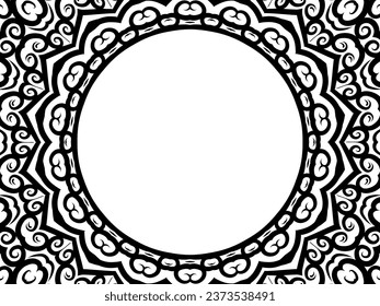 Beautiful black and white mandala circle frame with aesthetic line art flowers pattern 