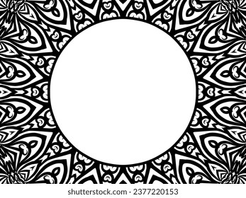 Beautiful black and white mandala circle frame with aesthetic line art flowers pattern 
