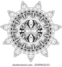 Beautiful black and white mandala illustration with intricate patterns, perfect for coloring or decoration.