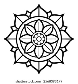 Beautiful black and white mandala line art design featuring a symmetrical floral pattern. Perfect for coloring pages, meditation art, spiritual symbols, tattoo inspiration, and decorative artwork.