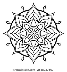 Beautiful black and white mandala outline featuring floral motifs, geometric symmetry, and decorative accents. Ideal for coloring books, mindfulness activities, tattoos, and graphic design