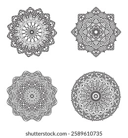 Beautiful black and white mandala vector designs featuring intricate geometric and floral patterns. Perfect for coloring books, tattoo designs, digital artwork, and decorative elements.