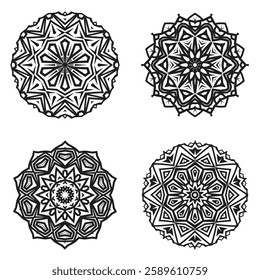 Beautiful black and white mandala vector designs featuring intricate geometric and floral patterns. Perfect for coloring books, tattoo designs, digital artwork, and decorative elements.