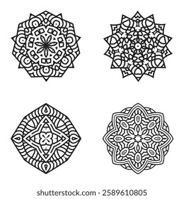 Beautiful black and white mandala vector designs featuring intricate geometric and floral patterns. Perfect for coloring books, tattoo designs, digital artwork, and decorative elements.