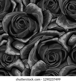 Beautiful black and white monochrome seamless pattern in roses with contours. Hand-drawn contour lines and strokes. Perfect for background greeting cards and invitations of the wedding or condolence