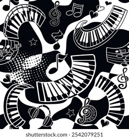 Beautiful black and white musical notes, piano keyboards, treble clef, headphones, love hearts, doodles vector seamless pattern background. Modern ornaments with music notes. Endless ornate texture.