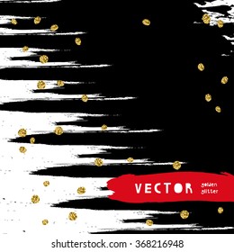 Beautiful black and white pattern with gold confetti. Abstract brush strokes black and white background with gold details. Classic vector texture 