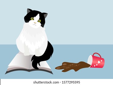 Beautiful black and white persian tuxedo cat sitting on book ,turning coffee cup upside down with spilling coffee. Isolated on light blue background. Vector Illustration. Idea for bad behavior of cat.