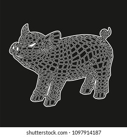 Beautiful black and white pig isolated on black background, stylized of Mosaic.