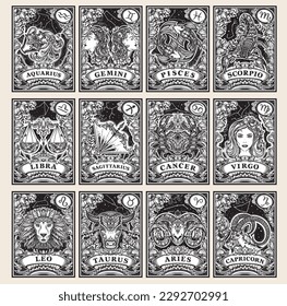 Beautiful black and white pre-made cards with zodiac signs illustrations and flowers in ornate victorian style