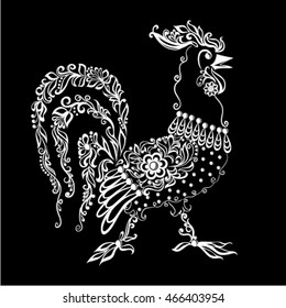 Beautiful black and white rooster with a floral pattern and swirls. Symbol of the New Year 2017 on the Chinese calendar. Design for greeting card and invitations for Christmas and New Year