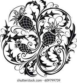 beautiful black and white round vignette in Celtic style with flowers thistle