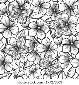 Beautiful black and white seamless background with branches of flowering trees and butterflies. Hand-drawn contour lines and strokes. Perfect for background greeting cards and invitations