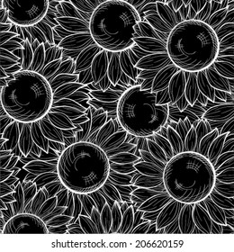 beautiful black and white seamless background with sunflowers. Hand-drawn contour lines and strokes. 