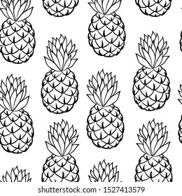 Beautiful black and white seamless doodle pattern with cute doodle pineapple sketch. Hand drawn trendy background. design background greeting cards, invitations, fabric and textile